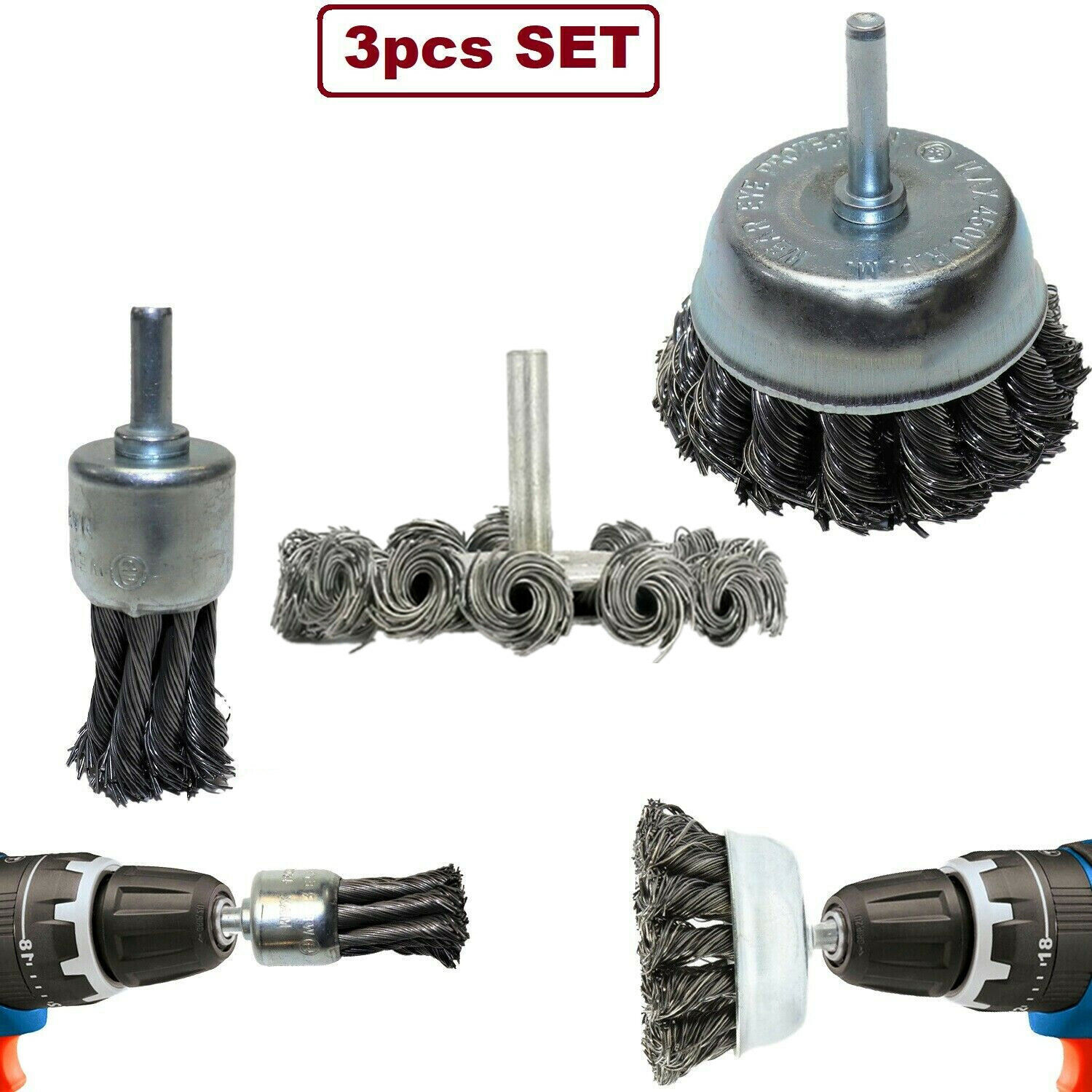 3pcs Rotary Steel Wire Brush Drill Attachment Cup Wheel Set Tool Rust
