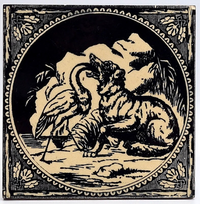 Aesops Fabeln - Der Wolf und der Kranich - schwarz - Minton Hollins & Co um 1875