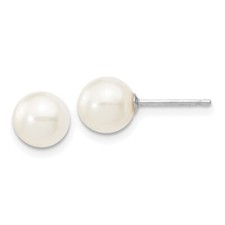 Real 14K White Gold 6-7mm White Round FW Cultured Pearl Stud Post Earrings