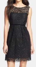 Women JENNY YOO COLLECTION Black Metallic Harlow Lace Sheath Dress Sz 6 EUC