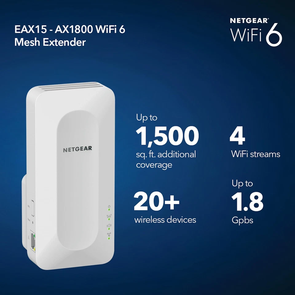 NETGEAR WiFi 6 Mesh Extender AX1800 Wireless Repeater 1500 sq ft Coverage - Image 2 of 4