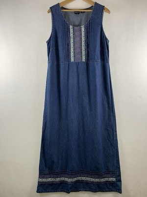Vintage 90s Womens Denim Jumper Maxi Dress Sz L Cottage Country Prairie Modest