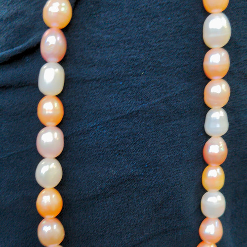 Genuine Pearl Beads Necklace Graduated 8-10mm off White 18" 925 Clasp Signed FAS