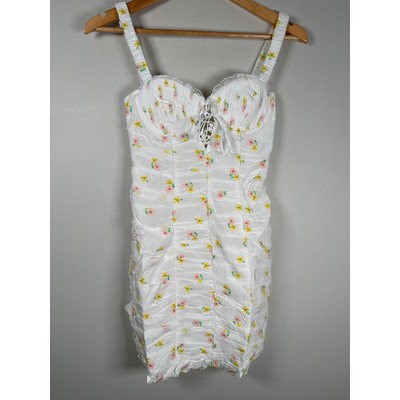 For Love & Lemons CELIA SHIRRED FLORAL EMBROIDERED LACE OPEN-BACK MINI DRESS XS
