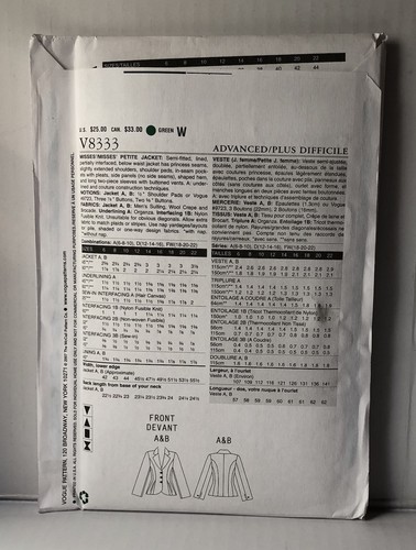 Vogue 8333 Misses Claire Shaeffer Couture Jacket Pattern Size 18-20-22 Uncut. - Picture 2 of 2