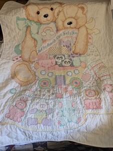 Teddy bears cross stitch baby crib quilt 31 x  40 in hand embroidered
