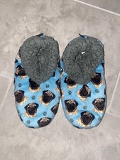 Comfies Womens PUG DOG Slippers BLUE Warm  Cozy / Non Slip Bottoms