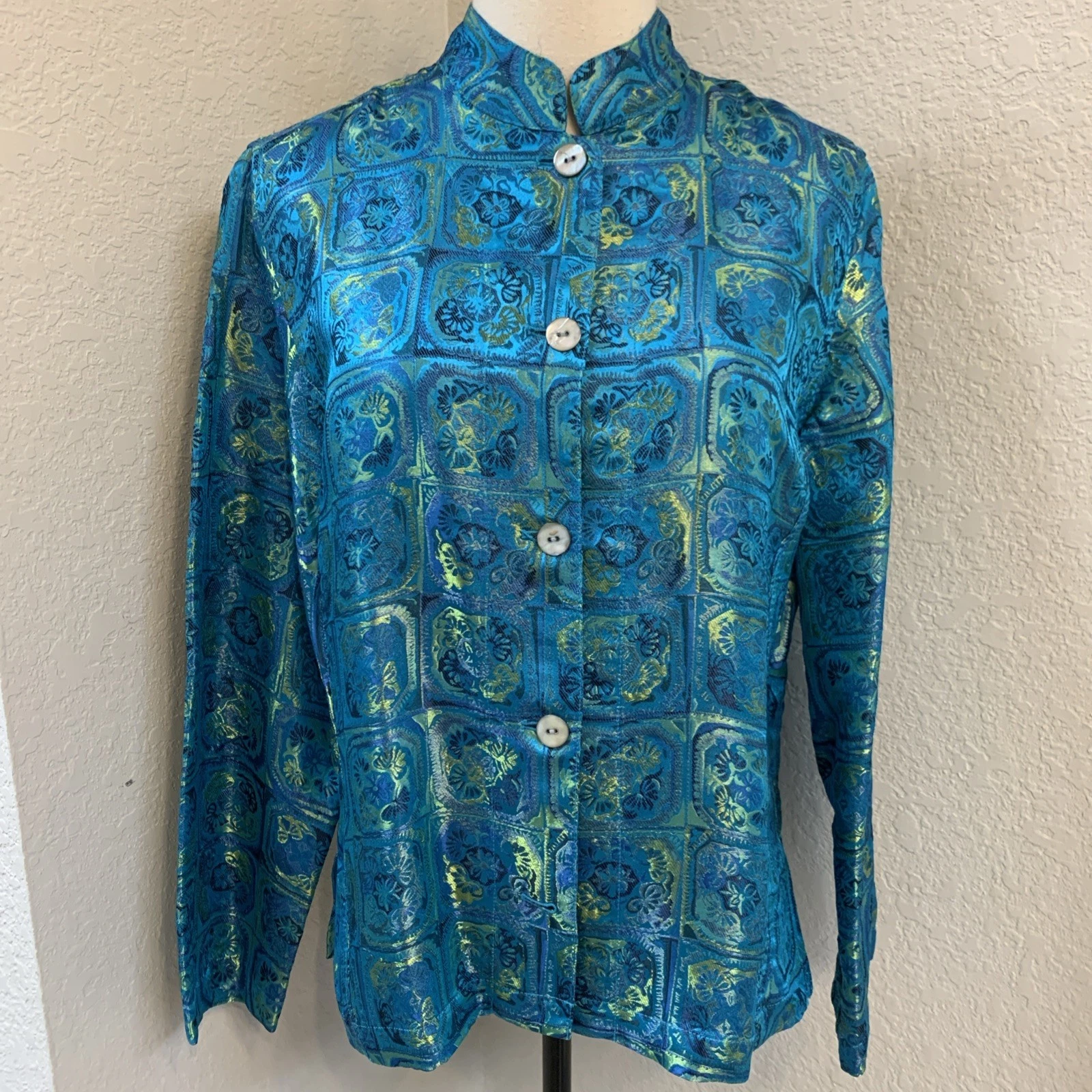Silk Blend Blue Green Metallic Asian Brocade Tapestry Jacket Chico’s Sz 1 (8)