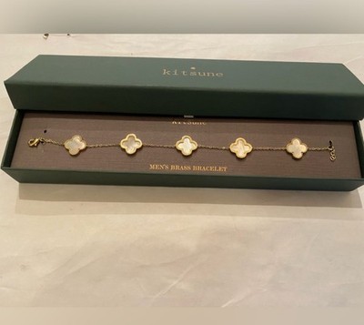 Maison Kitsune Men's 5 Mother of Pearl Clover Brass Gold-Tone Bracelet 8  + New