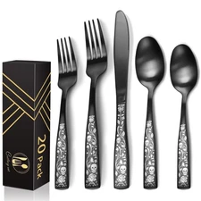 20-Piece Matte Black Silverware Set for 4, Skull Rose Cultery Set 18/0 Stain ...
