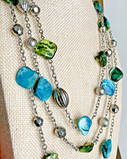 Silver Tone 3 Strand Necklace Blue Green Shell Glass Style Beads Beachy Boho