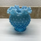 Fenton Vintage Art Glass Hobnail Fan Vase Blue Opalescent, Ruffled Edge, 5”