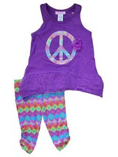 Girls Orchid Purple Sparkle Peace Sign Tank Top Ruched Leggings 2 Piece Set
