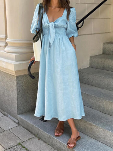 Commense Cotton Linen Twist Tunic Midi Dress Light Blue Short Puffed Sleeve NWT