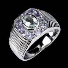 925 Sterling Silver Ring Oval Aquamarine 7x5mm Tanzanite Gemstone Jewelry Size 9