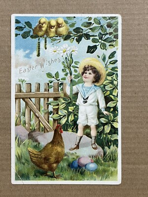 Tuck s Happy Easter Child Boy Chicks Eggs Flowers Vintage Embossed 1912 Postcard