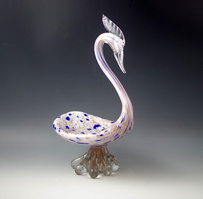 AVEM MURANO GLASS SPATTER SWAN BIRD BOWL LARGE 12'' COBALT  LABEL #5 VTG