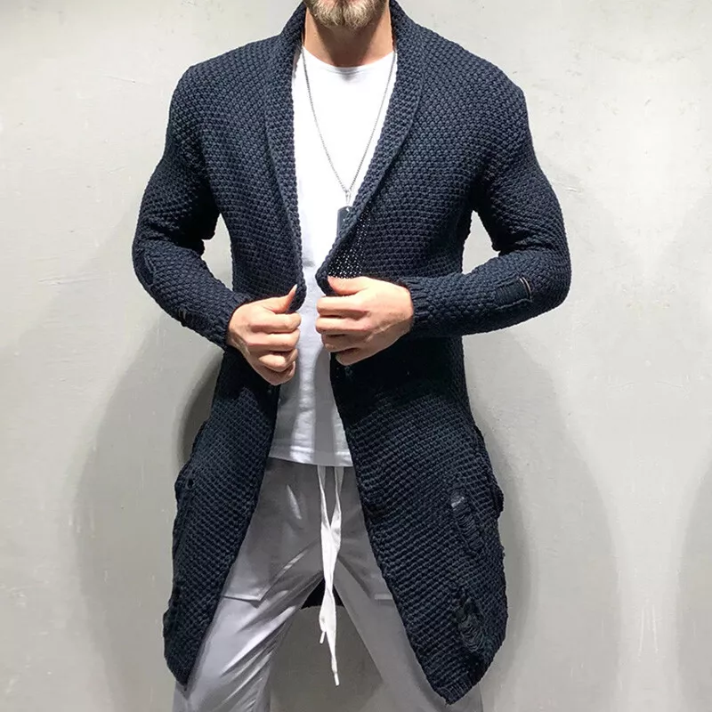 Men Knitted Coat Long Cardigan Sweater Casual Jacket Trench Coat