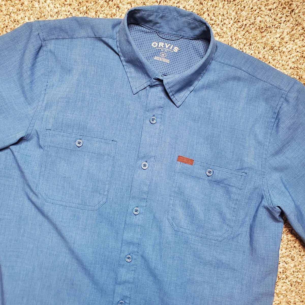 Orvis Men's Short Sleeve Classic Collection Woven Blue Shirt w/Pockets Size  M