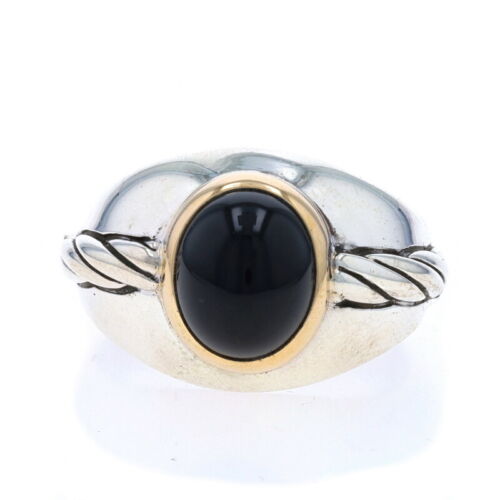 Franklin Mint Onyx Men's Ring - Sterling 925 Yellow Gold 14k Cab Solitaire Rope