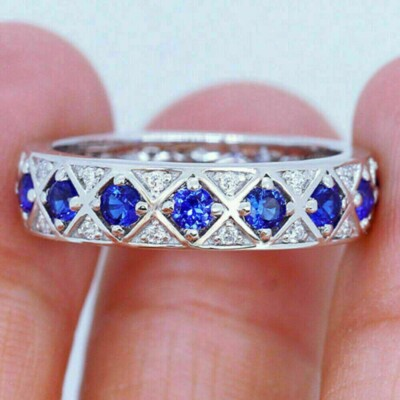 #ad Round Cut Simulated Sapphire Stunning Eternity Fancy Ring 14k White Gold Plated $110.40