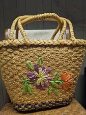 Vintage Straw Woven Floral Embroidered Beach Bag Tote Boho Basket Handbag