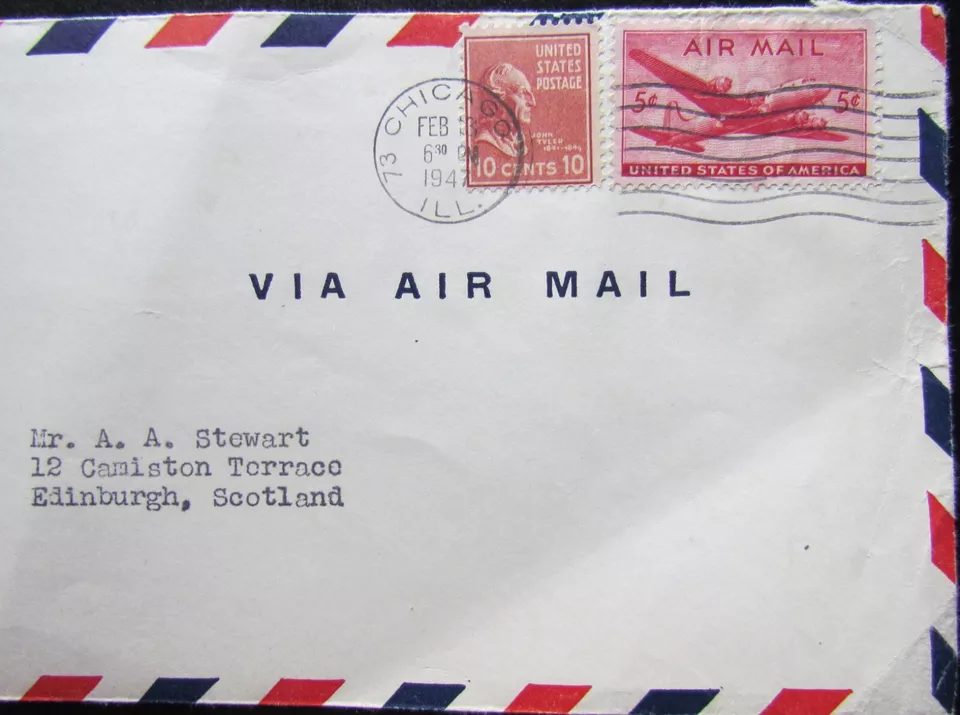 1947, 10 CENT PREXY AND 5 CENT AIR MAIL STAMP ON AIR MAIL COVER TO SCOTLAND - Image 2 of 4