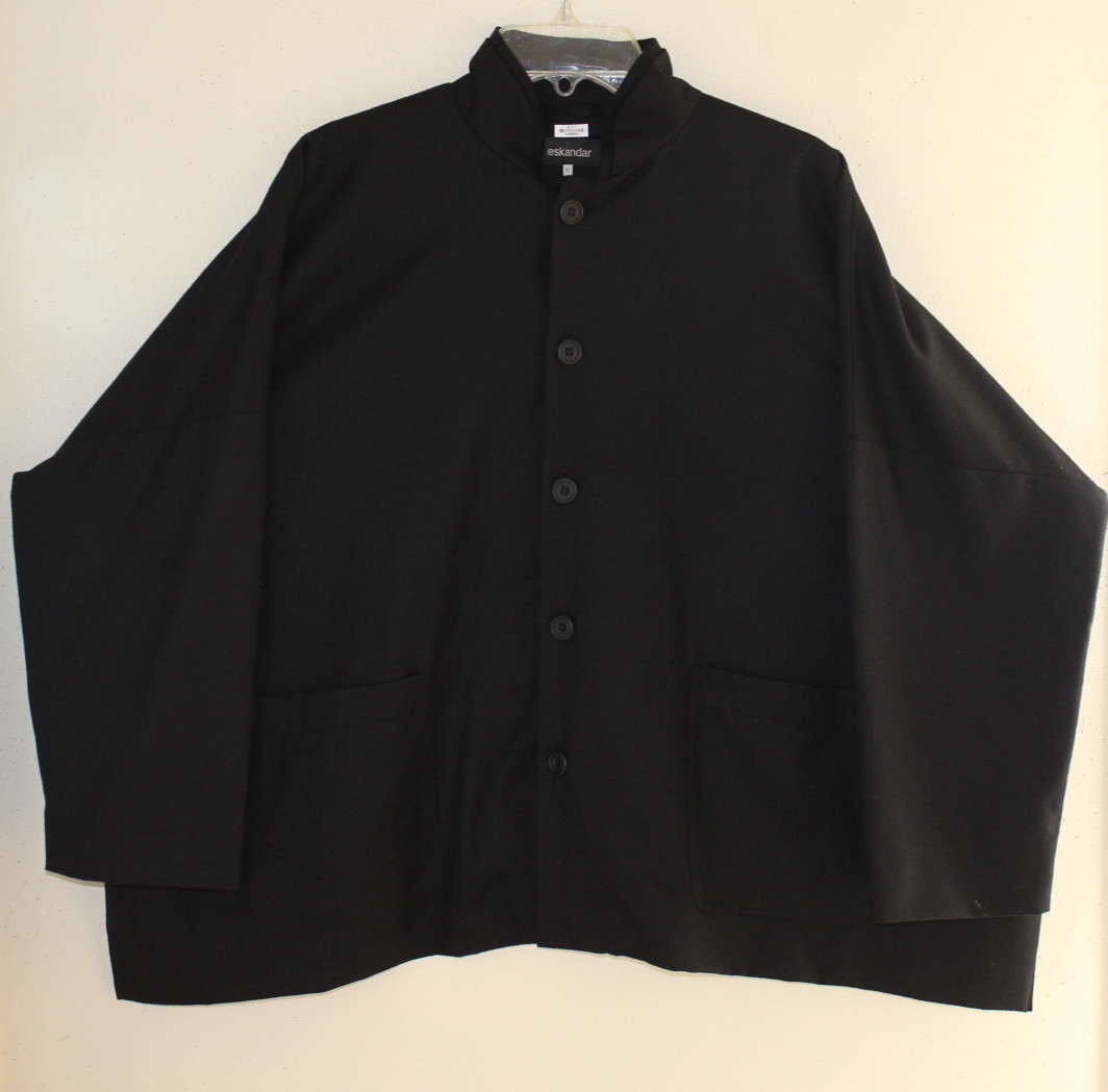 Eskandar Sz 0 Brilliant Black Double-Collar Wool Flannel Oversize