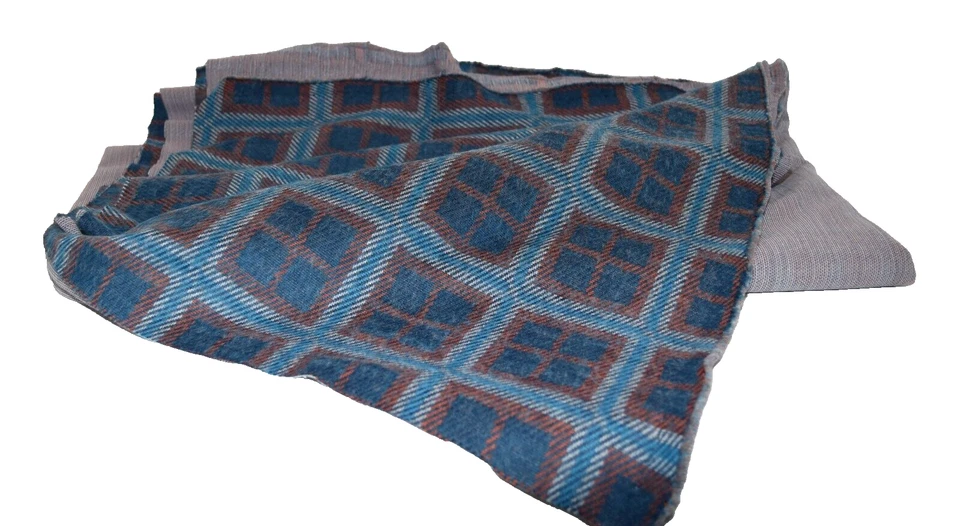 Tela forrada de lana vintage años 70 cuadrados azules con detalles naranjas 2 yardas 20 pulgadas Foto 2 de 4