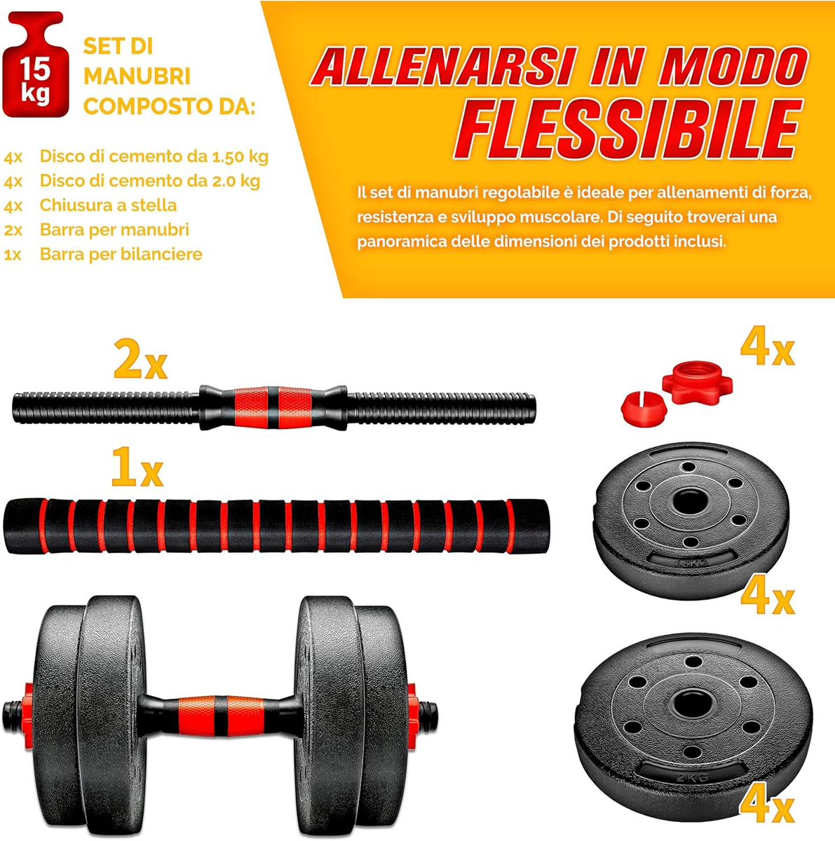 Set Manubri Regolabili 2 In 1 RE:SPORT - 15-40kg, Con Chiusure Stella E Raccordo - Foto 8