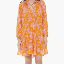 Xirena Lola Mini Dress Size XS Long Sleeve Orange Floral Side Pockets V-Neck