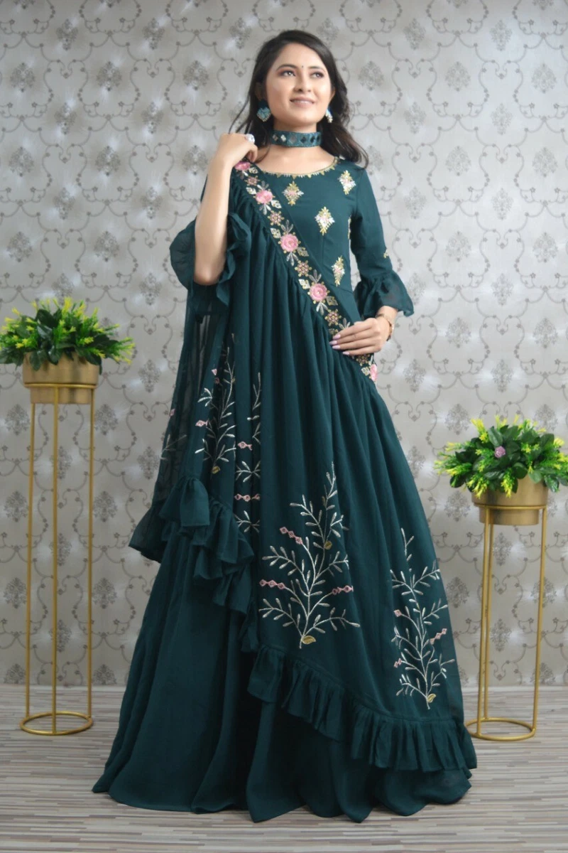 Three in One Style Gown Umbrella Flair Stitched Long Green Anarkali Suit  Gowns | eBay