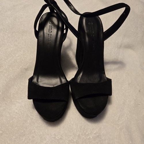 Wild Diva Lounge Womens Black Faux Suede Platform Wedge Sandals Ankle Strap 6