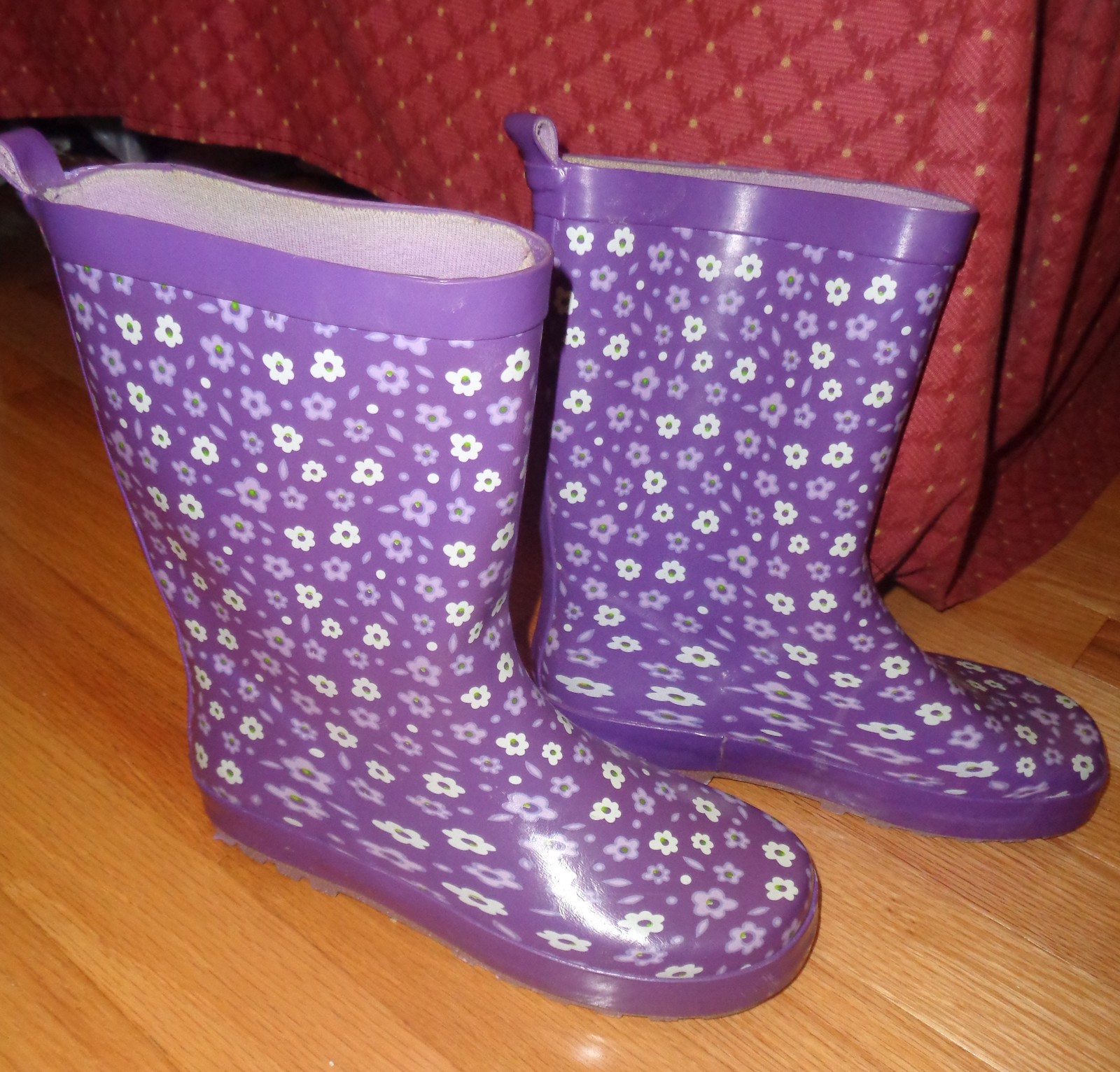 Girl Purple RAIN Boots Size 2 3 Youth Foot 7.5" White Flowers Camp eBay