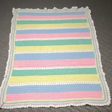 Handmade Crochet Pastel Crib Blanket Pink Blue Yellow Green White 31x41 in