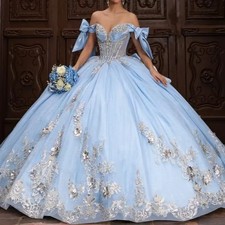 Sky Blue Quinceneara Dress Blue Bowknot Sweetheart Florals Lace-up Ball Gown