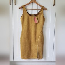 HYFVE Dress Womens M Mustard Velvet Mini Sleeveless Slip Side Slit Bodycon