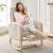 Glider Nursery Rocking Chair w/ Adjustable Footrest  Side Pocket High Backrest