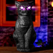 Halloween Animatronics Decorations, 15.7'' Animated Black Cat Decor with Ligh...