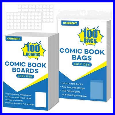 100 Pack Current Comic Book Bags and Boards, 6.87'' x 10.5'' Acid-Free Comic Bo...