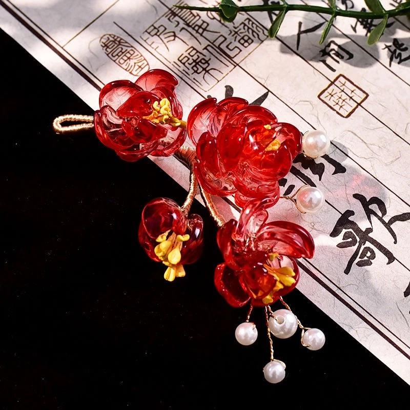 Red Butterfly Flower Hairpin Glass Hair Clip Vintage Chinese Style Accessory - Image 4 of 4