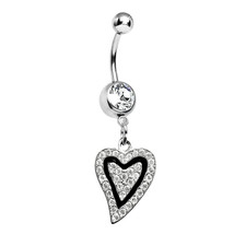 CZ Paved Heart Steel Blackline DANGLE BELLY BUTTON NAVEL RING PIERCING JEWELRY