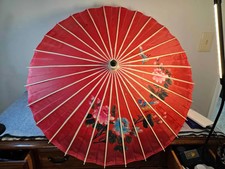 Red Paper Parasol Umbrella Floral Design w/ Bamboo Ribs  Handle Asian Look