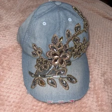 Capelli New York Ball Cap Denim Rhinestone Embellished Sparkle Women’s NEW Gold