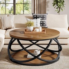 2 Tier Round Coffee Table Rustic Brown Wood & Black Metal Frame - 80cm