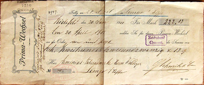 Postauftrag, Prima - Wechsel von 1911, Reichsbank Chemnitz mit diversen Stempeln
