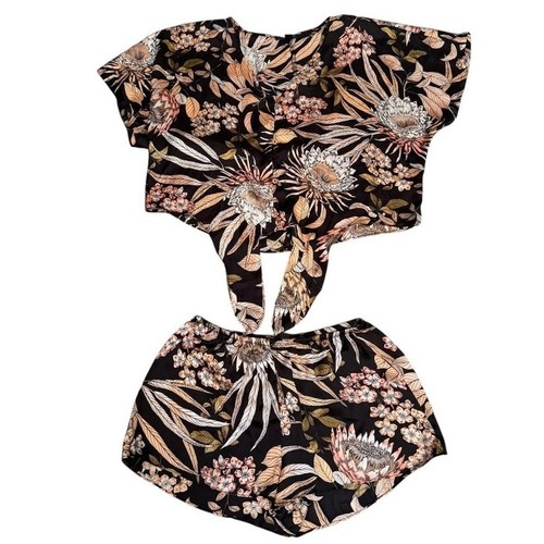 Midnight Bakery Black Satin Botanical Tie Top and Short Pajama Set Size Small - Picture 3 of 19