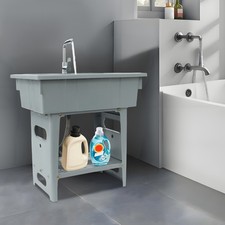 Grey Utility Freestanding Sink Laundry Tub W/ Washboard Faucet For Washing Room