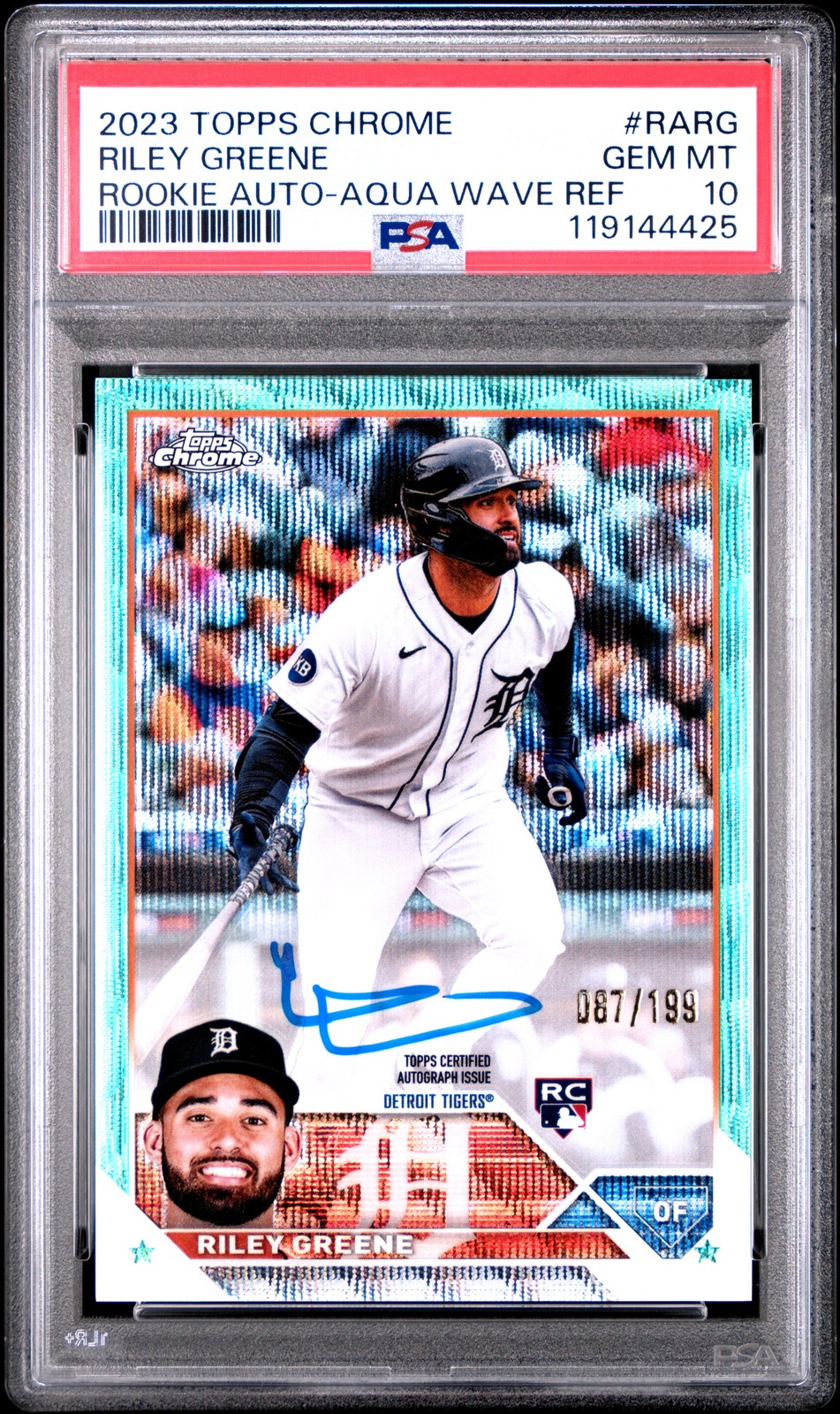 2023 TOPPS CHROME RC AUTO AQUA WAVE REFRACTOR #RARG RILEY GREENE 87/199 PSA 10