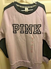 VICTORIA SECRET PINK Logo Crew Long Sleeve Pullover Sweatshirt Fleece Lilac Blue